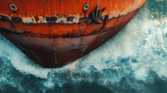 Close up view of a cargo ship s textured and weathered hull being pummeled by powerful crashing ocean waves creating a dramatic and dynamic maritime scene