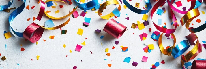 Obraz premium A dynamic flat lay featuring metallic and matte streamers intertwined with multi-colored confetti on a white surface