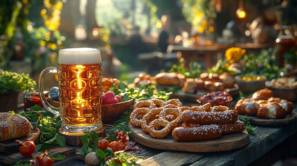 Enjoying a festive gathering with assorted foods and beverages in a cozy outdoor setting