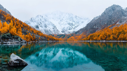 Autumnal lake reflects snowy mountains, golden larches. Landscapes use