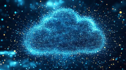 A radiant cloud constructed from intricate connections glows amid a dazzling blue backdrop, symbolizing the energy and innovation in digital technology surrounding modern life