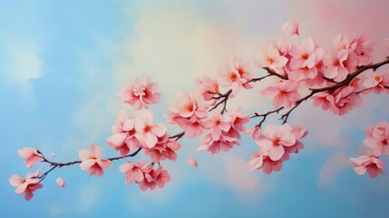 Obraz premium Blooming cherry tree with petals against a soft blue sky