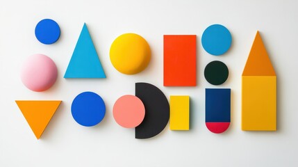 geometric shapes arranged in a balanced pattern: circles, triangles, squares, and hexagons, with vibrant colors contrasting against a minimalistic background.