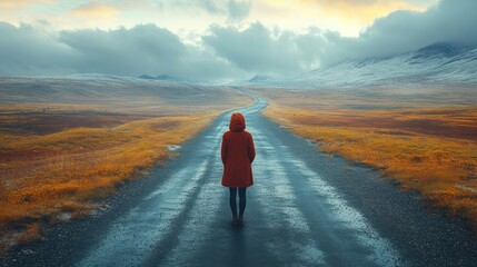 Solitude Journey: A Woman Walks a Desolate Road Towards Snowy Mountains