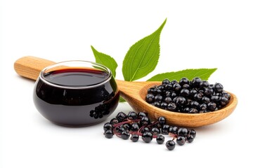 Squeezed elderberries juice syrup in wooden spoon with elder berries and leaves isolated on white background