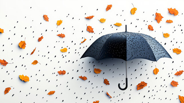 Vector umbrella rain protection. Abstract low poy umbrella cover in rain illustration. Isolated on white background with water fall drops. Meteorology, safety, autumn season concept