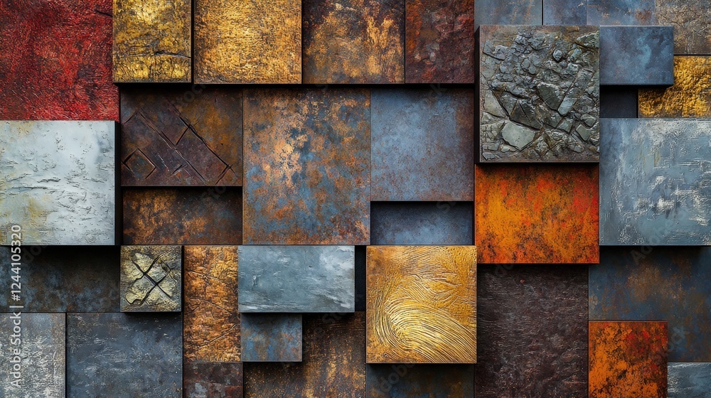 Poster intersecting squares, each with a different texture or pattern, creating a complex yet orderly desig