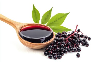 Squeezed elderberries juice syrup in wooden spoon with elder berries and leaves isolated on white background