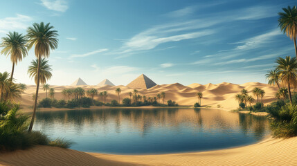 Egyptian desert landscape with lake and palm trees in oasis on sand. Cartoon vector illustration of water pond and green plants in middle of dune and pyramids. Sunny summer scenery of savannah.