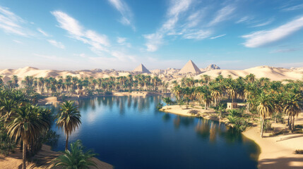 Egyptian desert landscape with lake and palm trees in oasis on sand. Cartoon vector illustration of water pond and green plants in middle of dune and pyramids. Sunny summer scenery of savannah.