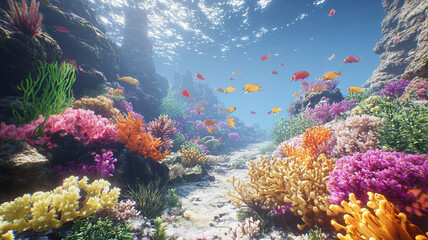 Vibrant Coral Reef Scene with Colorful Fish Underwater