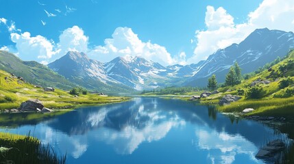 Fototapeta premium Mountain lake reflection, sunny summer sky, idyllic scene, travel brochure