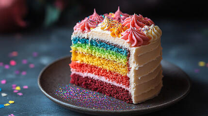 Delightful rainbow cake slice decorated with colorful frosting and sprinkles on a plate
