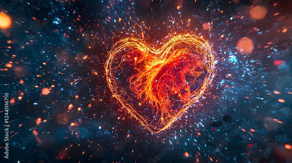 Fototapete digitally rendered cross section of a glowing vibrant human heart surrounded by a burst of neon colo