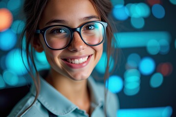 A Young Girl with Glasses Smiling Brightly in Front of a Colorful Digital Background Filled with Circles and Codes Representing Technology and Creativity
