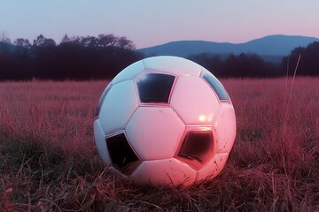 Soccer Ball in a Field at Sunset