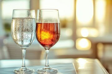Enjoying a moment with two elegant glasses of red wine and sparkling water during sunset near the coast. Generative AI