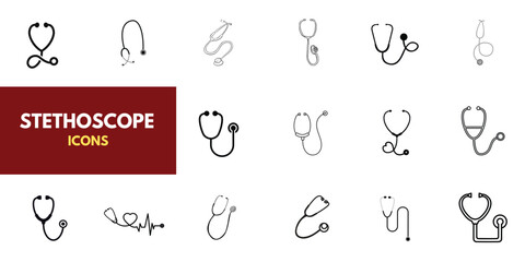 A set of stethoscope icons, medical design elements, and clipart. The theme is medicine, pandemics, health care, and treatment. 