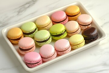 Fototapeta premium Colorful Macarons Arranged Neatly In A White Tray