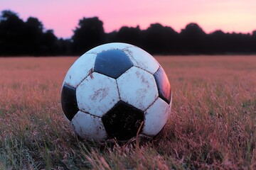 Vintage Soccer Ball on Grassy Field at Sunset