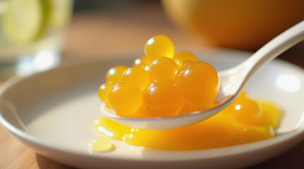 Spherical yellow fruit caviar glistens on a white spoon, surrounded by citrus and set on a wooden table. The scene suggests freshness and a culinary experience close to nature