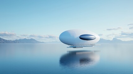 Futuristic floating structure serene ocean digital art tranquil landscape aerial view innovative design concept