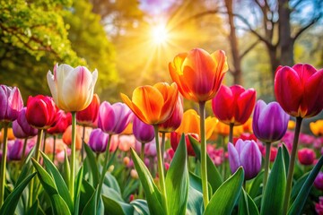 Vibrant Triumph Tulips burst in spring, their smooth textures and rich colors inspiring peaceful garden photography.