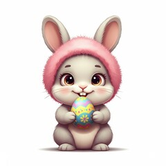 Obraz premium A charming cartoon bunny in a pink hat, joyfully holding a colorful Easter egg with floral designs. Perfect for Easter celebrations and decorations.
