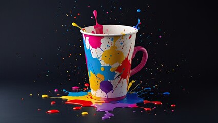 Colorful paint splattered cup on a black background. AI Genrated