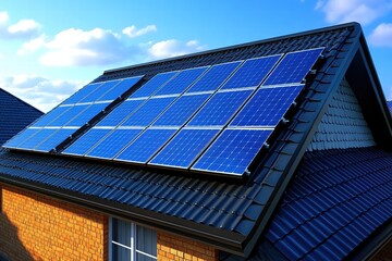 Fototapeta premium Modern building features tinted roof with solar panels for renewable energy generation
