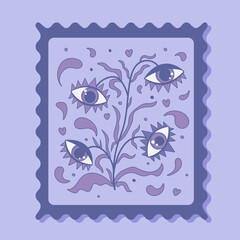 A stamp with plants and flowers in the form of eyes in a flat style with abstract elements in purple colors