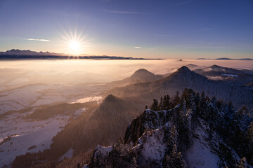 Pieniny , góry, zima, śnieg, Karpaty, mgły, Tatry, Dunajec
