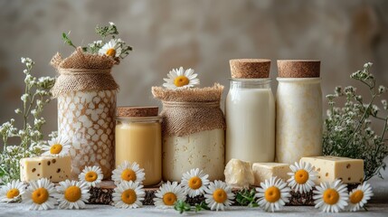 Assorted dairy products displayed with flowers and herbs on a rustic table setting