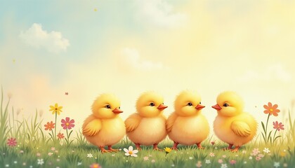 Pastel painting illustration of chicks basking in warm spring sunlight
