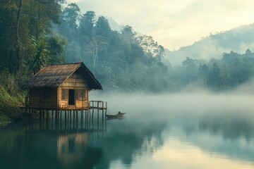 Obraz premium Serene Lakeside Cabin Nestled Amongst Misty Mountains