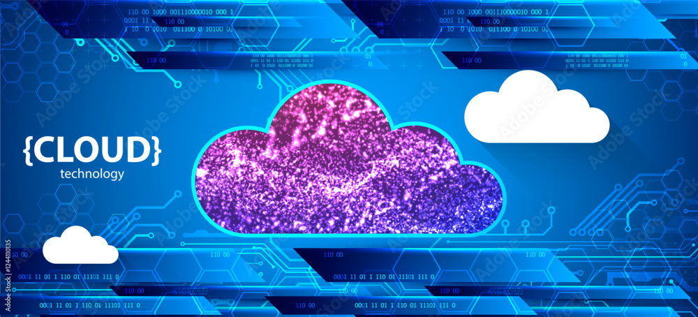 Poster Storage technology. Integrated digital web concept background. Cloud element created from shining particles.