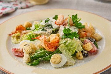 Fresh Caesar Salad with Shrimp and Quail Eggs – Vibrant Culinary Photography
