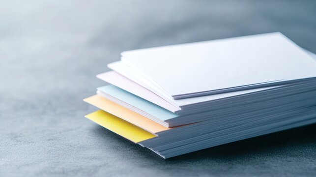 stack of customized business cards with various creative designs colors and typography arranged neatly on minimalist