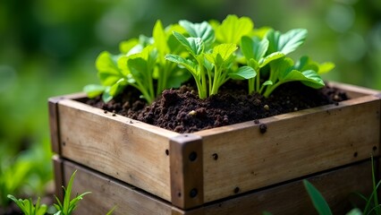 Рассада в деревянном ящике крупным планом 