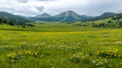 Obraz premium Mountain meadow wildflowers summer scenic landscape, travel poster