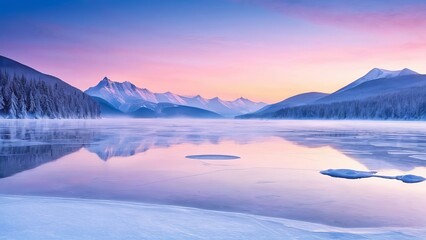 Fototapeta premium Frozen Lake and Snowy Mountains at Sunrise in Winter Wonderland