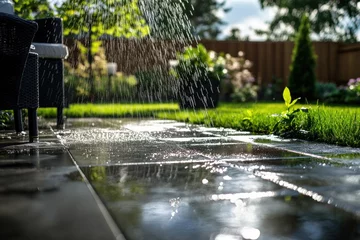 Fototapeten Backyard patio gets cleaned as water sprays across the tiles on a sunny day. Generative AI © Vlodko
