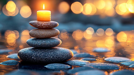 Fototapeta premium Gentle candle glowing atop a stack of smooth stones beside a tranquil shimmering water surface.