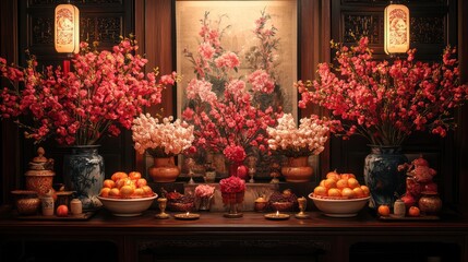 Lunar New Year Altar with Blossoms and Mandarin Oranges