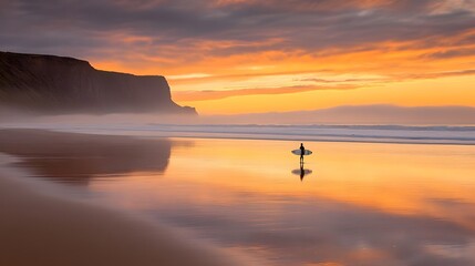 Einsamer Surfer am ruhigen Strand – Magischer Sonnenaufgang über dem Meer  
