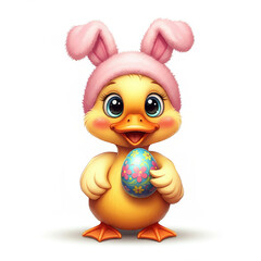 Cute Duckling in Bunny Hat with Easter Egg Costume Design - This adorable cartoon duckling wears a pink bunny hat and holds a colorful Easter egg, perfect for festive celebrations.