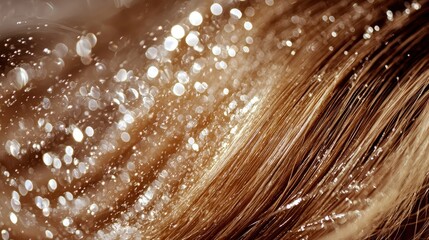 A dynamic shot of foam sliding down hair strands, sparkling droplets captured in sharp focus under bright studio lighting