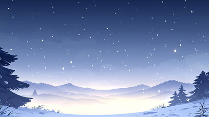 Fototapeta premium Snowy landscape with falling snowflakes, trees, and rolling hills under a night sky background.