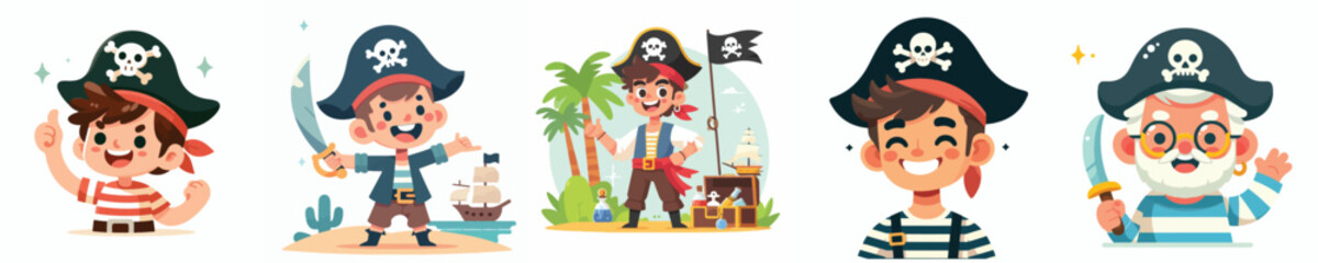 happy kids vector set in pirate clothes