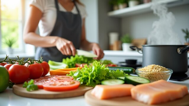 A person prepares a wholesome, healthy lunch with fresh vegetables, lean proteins, and grains, promoting a balanced diet and mindful cooking at home for a nutritious meal.